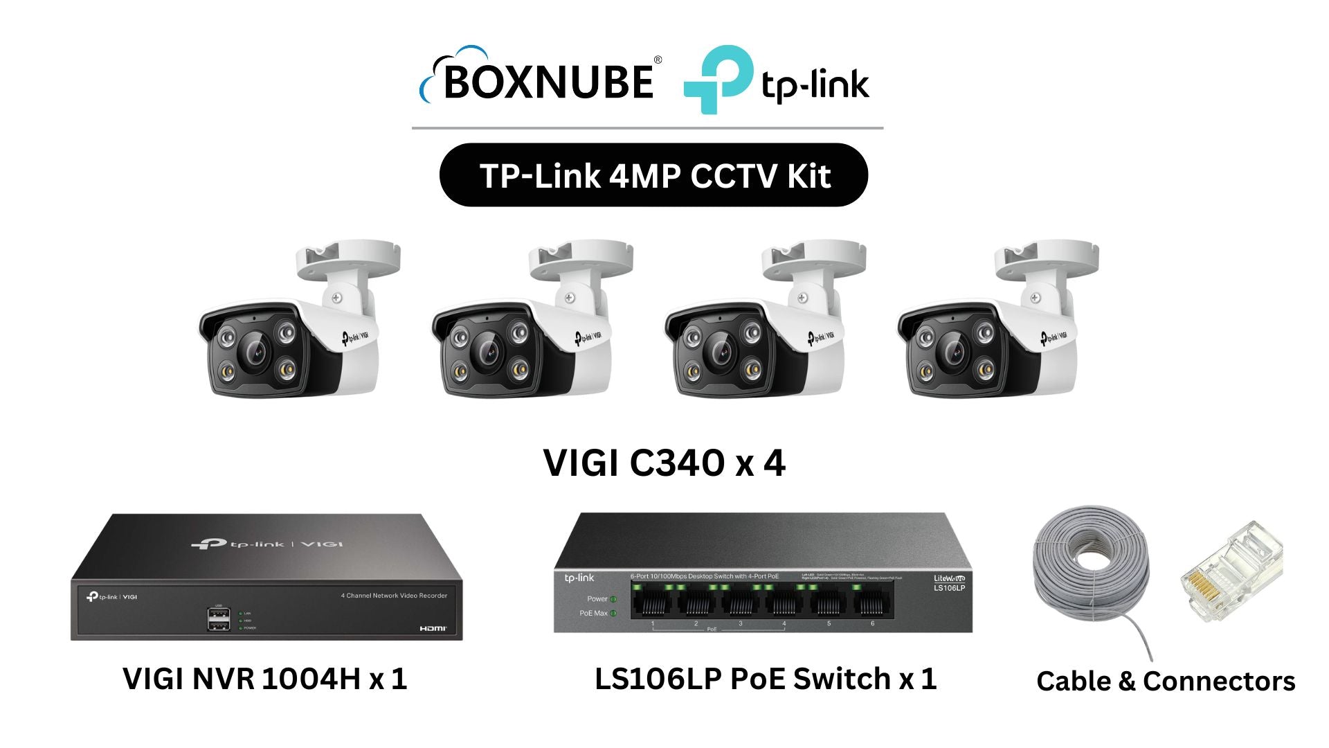 TP-Link VIGI 4MP Full HD 4 Camera Kit Bundle | 4 x VIGI C340, 1 x 4 Channel NVR, 1 x 4+2 Port PoE Switch with 100M CAT6 Cable & RJ45 Connectors TP-Link VIGI 4MP Full HD 4 Camera Kit Bundle | 4 x VIGI C340, 1 x 4 Channel NVR, 1 x 4+2 Port PoE Switch with 100M CAT6 Cable & RJ45 Connectors